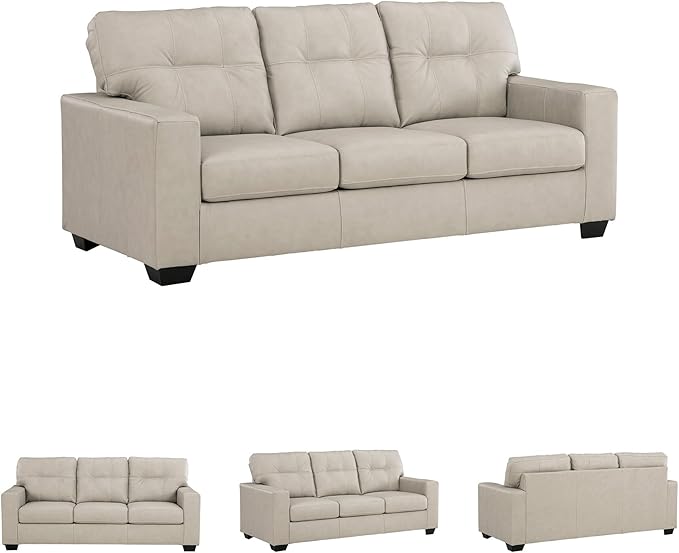 Signature Design by Ashley Santorine Classic Leather Match Sofa with Tufted Cushion and Removable Cushion Light Gray