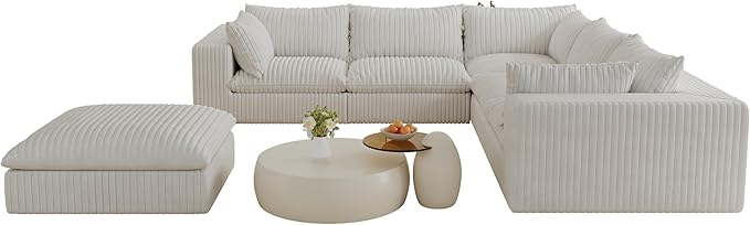 118.2 L Shaped Modular Boneless Sofa with Ottoman Cloud Sectional Couches for Living Room Deep Seat Corduroy Upholstered Couch Furniture Set No Assembly Required (White 5 Seater+1 Ottoman)