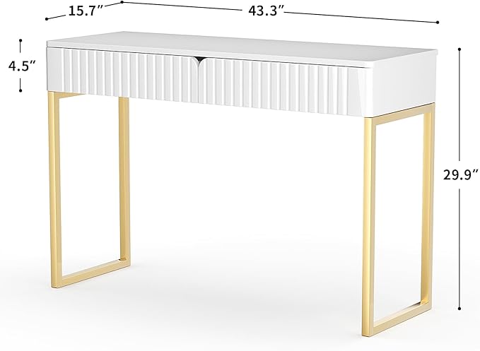 Elegant Modern Desk 2 Drawers Gold Legs 43.3x15.75 inches Home Office Makeup Vanity Computer Writing Study Entryway Sofa Table