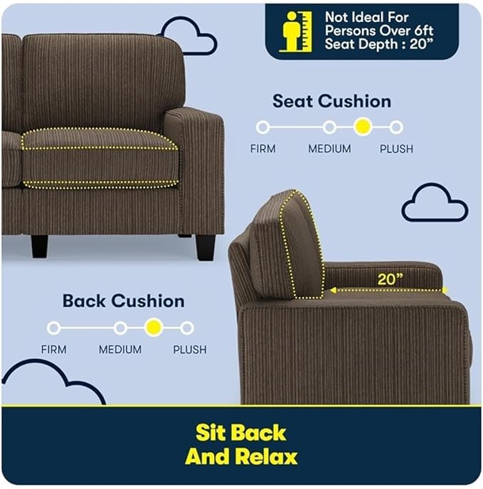 Pemberly Row 61 Track Arm Sofa Loveseat Brown Upholstered Fabric Removable Covers Compact Space-Saving Design Solid Wood Frame High-Density Foam Cushions Modern Living Room or Home Office