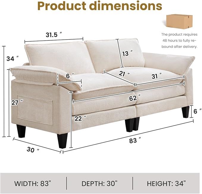 83 Cloud Loveseat Sofa Modern Down Comfy for Living Room Loveseat Sofa with Chenille Fabric and Double Cushion Love Seat Deep Seat Oversized Seats with 2 Pillows for Bedroom Beige