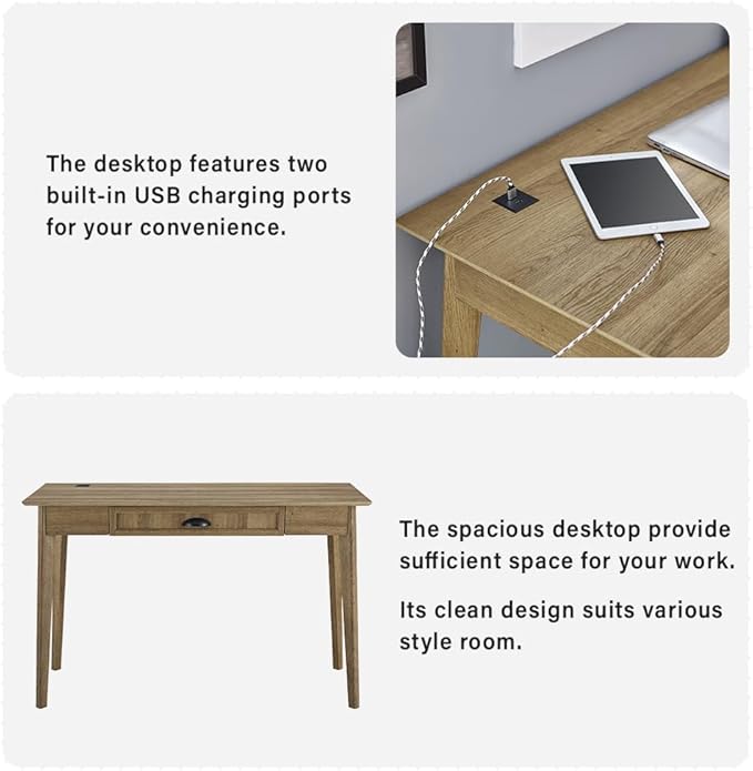 Newport Series Home Office Computer Writing Desk with Fully Extended Drawer | Laptop PC Workstation With USB Hub | Sturdy and Stylish | Easy Assembly| Golden Oak Wood Look Accent Living Room Furniture