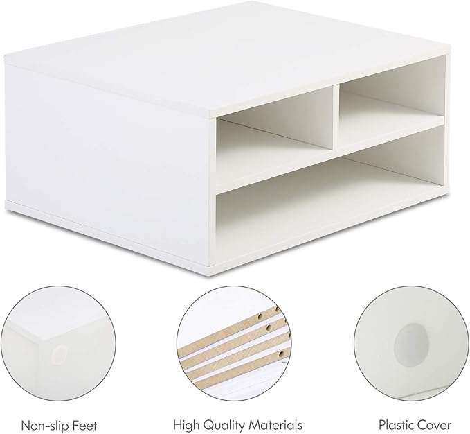 FITUEYES Large Printer Stand with 3 Storage Compartments Desk Paper Organizer for Home Office 2-Tier Wood Printer Shelf White 18.9 L x 15.7 W x 8.7 H