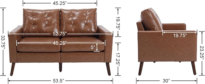 VESCASA 53 W Faux Leather Loveseat Sofa with Button Tufted Back Mid Century Modern Upholstered 2 Seater Small Sofa Couch with Wood Legs PU Leather Love Seats for Living Room/Bedroom Caramel