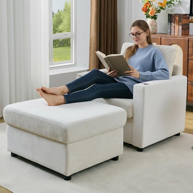 Modern Accent Chairs with Storage Ottoman Set Comfy Chenille Reading Armchair with Tray Table and Charging Port Chaise Lounge Chair for Living Room Bedroom Study Apartment Beige