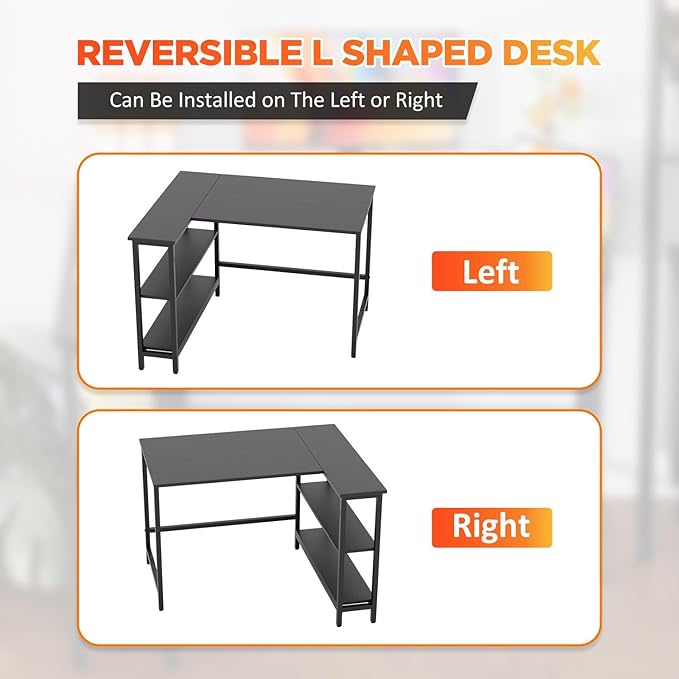 L Shaped Computer Desk 43 Inch Corner Desk with Reversible Storage Shelves Home Office Desk with Metal Frame Modern Simple Style for Home Office Living Room Bedroom Black