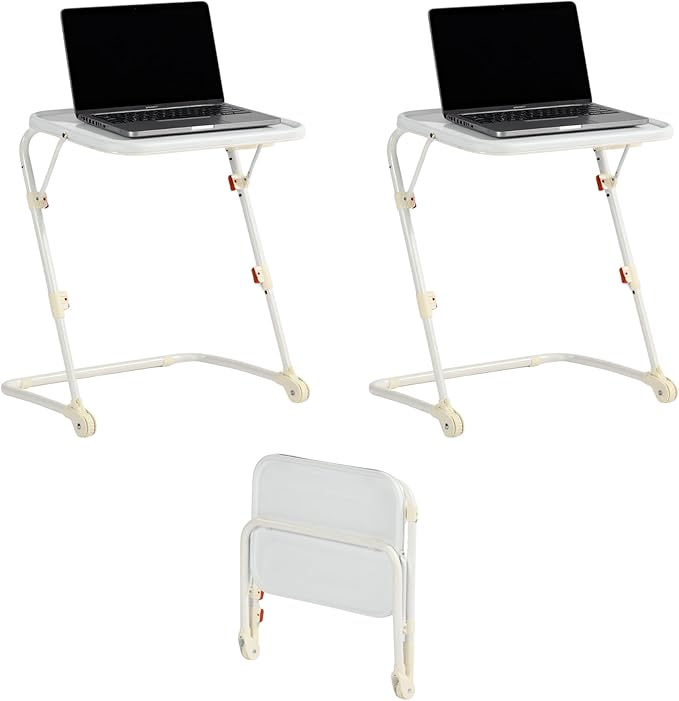 Homy Casa Adjustable Z Shaped Study Desk with Cup Holder Space Saving Portable Laptop Foldable Table for Home Office Living Room &amp Bedroom Sturdy Metal Frame &amp PP Top White