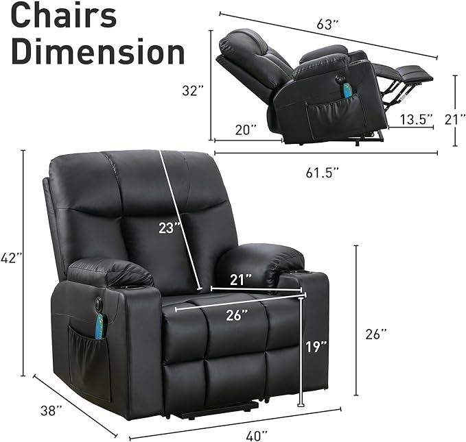 Bonzy Home 26 Extra Wide Lift Chair with Heat and Massage Faux Leather Power Lift Recliner Massage Chair for Adults Elderly Upholstered Recliner with 2 Cup Holders Side Pocket
