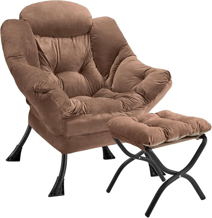 Lazy Chair with Folding Ottoman Modern Large Accent ChairContemporary Lounge Leisure Sofa Chair with Armrests Upholstered Sofa Armchair Reading Chair for BedroomDorm &amp Office(Dark Brown-f)