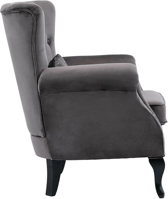 Kmax Velvet Tufted Accent Chair Mid Century Oversized Chair Comfy Sofa Chair Padded Seating WingBack Unique Wood Legs Home Club Bedroom Living Room Grey