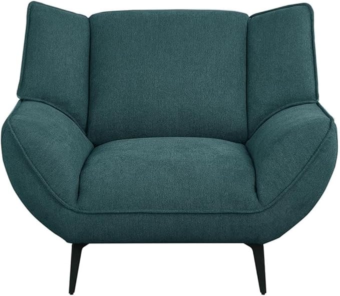 Pemberly Row Mid-Century Wing Back Accent Chair Teal Fabric Upholstery 32.25H x 43.25W x 34.5D Black Metal Legs Foam Cushions Stylish Modern Lounge Seating for Living Room or Compact Spaces