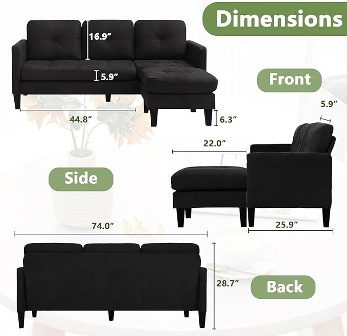 Convertible Sectional Sofa Couch for Living Room L-Shaped Couch 3 Seats Sofas Movable Ottoman Small Sofa Mid Century for Small Apartments Space Living Room and Office (Linen Fabric Black)