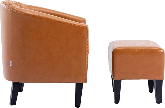 Generic Accent Chair with Ottoman Mid Century Modern Barrel Chair Upholstered Club Tub Round Arms Chair for Living Room Light Brown