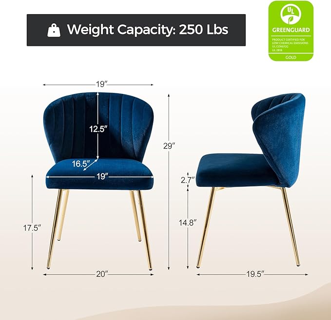 HULALA HOME Dining Chairs Set of 2 Velvet Upholstered Kitchen &amp Dining Room Chairs with Metal Legs Vanity Chair Armless Side Chairs for Living Room Bedroom Restaurant Channel Curved Backrest Nav