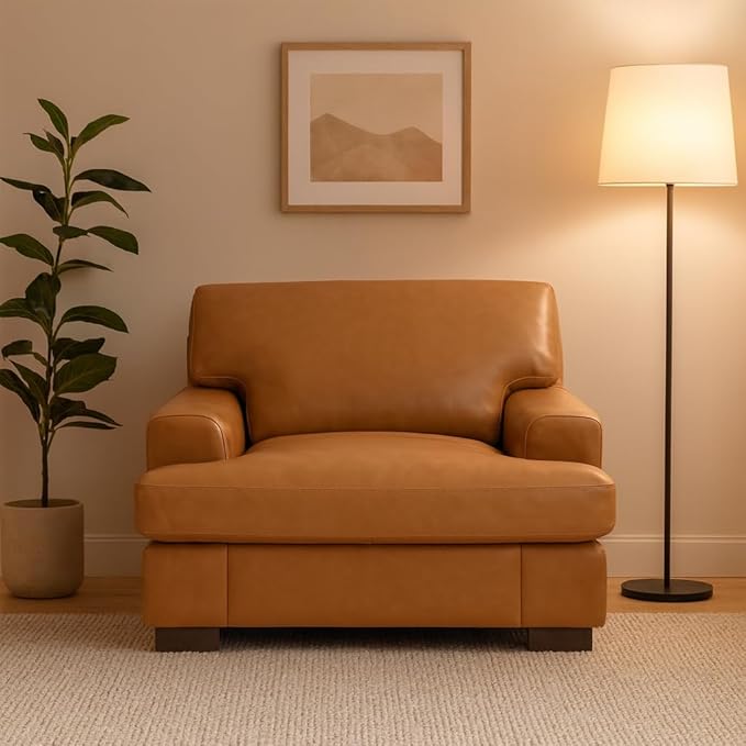 Siggy 400 LBS Capacity Genuine Leather Accent Chair – Goose Feather Cushion Filling for Cloud-Like Comfort Easy Assembly Tan Mid-Century Modern Single-Seat Sofa for Living Room