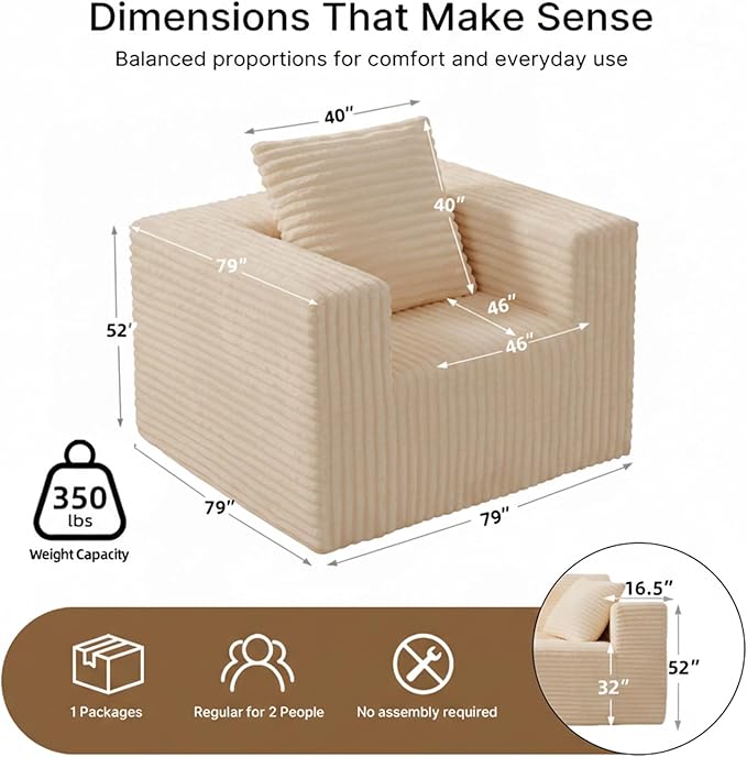 Single Cloud Sofa High Backrest Wider Armrest Foam Boneless Couch Comfy Furry Pillowed Single Seater for Small Spaces Living Room Bedroom Dorm Office（Beige）