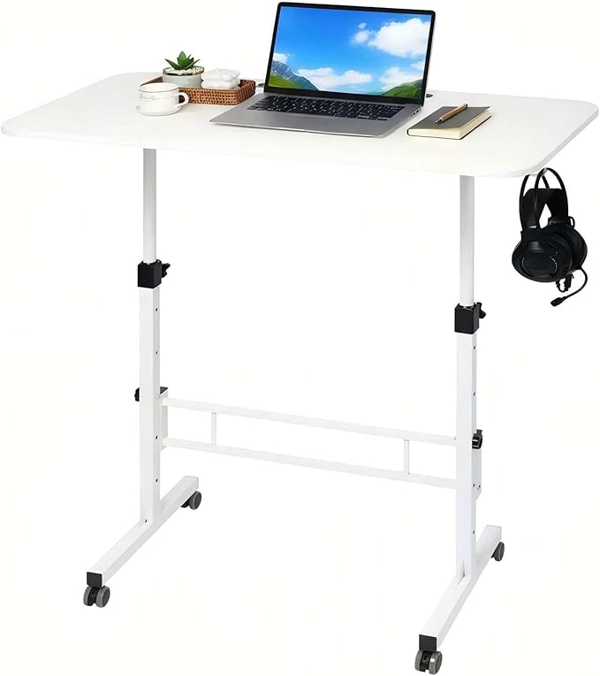 Adjustable Standing Desk with Wheels Portable Rolling Walking Pad Desk Small Laptop Table for Home Office Sit Stand Up Workstation Size 15.7x 31.5 White