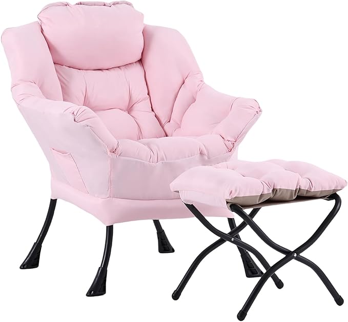 LITA Lazy Chair with Ottoman Modern Accent Leisure Upholstered Sofa Contemporary Lounge Reading Chair with Armrests and a Side Pocket for Living Room Bedroom &amp Small Space Pink