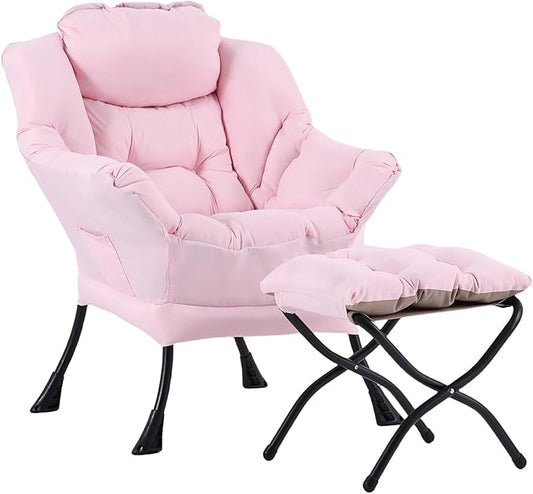 LITA Lazy Chair with Ottoman Modern Accent Leisure Upholstered Sofa Contemporary Lounge Reading Chair with Armrests and a Side Pocket for Living Room Bedroom &amp Small Space Pink