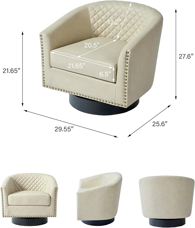 Swivel Barrel Accent Chair Comfy Modern Upholstered Round Faux Leather Arm Chair for Living Room Bedroom（Beige Set of 2