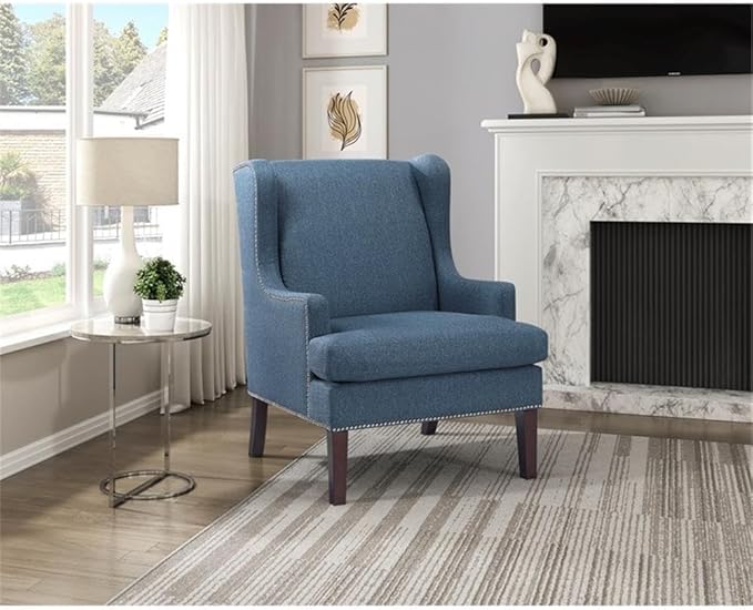 Pemberly Row Contemporary Wingback Accent Chair Blue Textured Fabric Upholstery Nailhead Trim High Backrest Cushioned Seat Sturdy Wooden Legs Stylish Living Room or Office Decor
