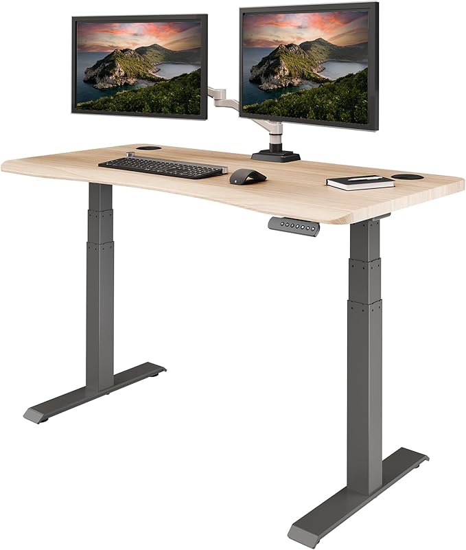Vari Ergo 54x26 Electric Standing Desk – Height Adjustable Sit Stand VariDesk + Curved Waterfall Edge 4 Memory Settings Quick Assembly Cable Management 200 lb Capacity – Light Wood (2 Boxes)