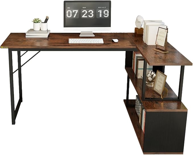 48.8in Compact L-Shaped Computer Desk with 2-Tier Storage Shelf Sturdy Construction Ideal for Home Offices and Gaming Rooms Brown