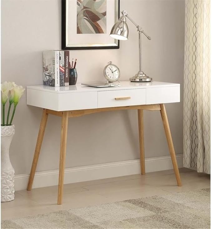Allora 1-Drawer Rectangular Wood Home Office Desk 39.38 W x 19 D x 29.13 H Piano White Finish Solid Wood Legs Concealed Bamboo Handle Storage Modern Style Writing Desk for Office or Dorm Use