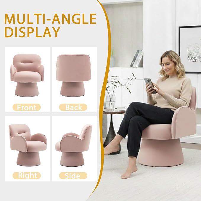 Swivel Chair with Armrest Modern Velvet Barrel Chairs with Curve Back Soft Cushion Comfy Accent Round Armchair Single Sofa for Living Room Bedroom Pink