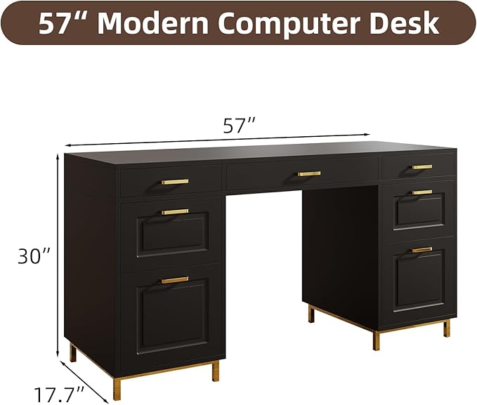 Black Desk with 7 Drawers 57 Executive Desk with Storage Black and Gold Desk for Home Office Makeup Vanity Desk with Golden Handle