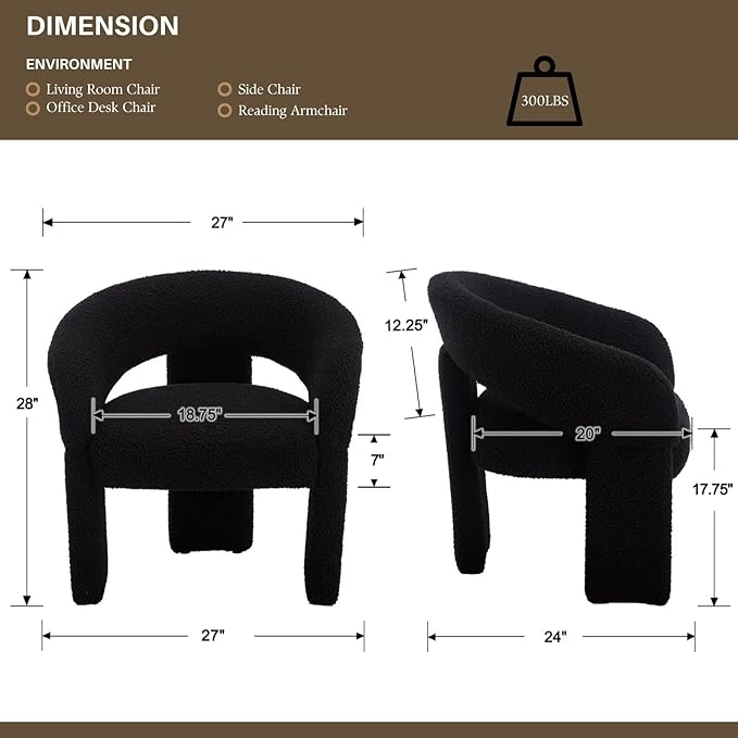 Modern Accent Chairs Set of 2 Black Sherpa Round Barrel Armchairs Comfy Upholstered Lounge Chair for Living Room Bedroom Reading Chair Vanity Chair Comfy Office Waiting Room Chairs