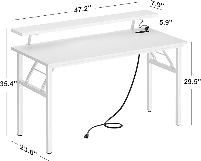 Need 47 Inch Folding Computer Desk with Power Outlets &amp Monitor Shelf Study Desk with Cup Holder Gaming Desk with Led Lights &amp Headphone Holder White