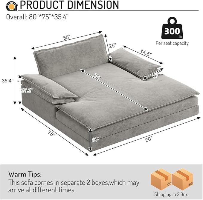 80 Oversized Double Chaise Lounge Chair Indoor Comfy Chenille 2 Seater Cloud Sofa Couch Modern Loveseat Sleeper Recliner with Wide Armrests for Living Room Bedroom Apartment Grey