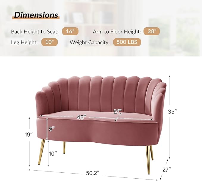 Velvet Upholstered Loveseat Sofa with Gold Metal Legs Modern Comfy Small Love Seat with Flower Shaped Back 2-Seater Sofa Accent Couch for Living Bedroom Leisure Areas Rose Wood