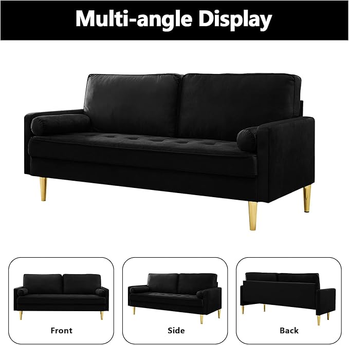 65 Love Seat Sofa Velvet Small Sofa Small Couch for Bedroom Living Room Bedroom Loveseat with 2 Pillows Gold Legs Modern Tufted Seat Upholstered Seating for Office Apartment (Black)