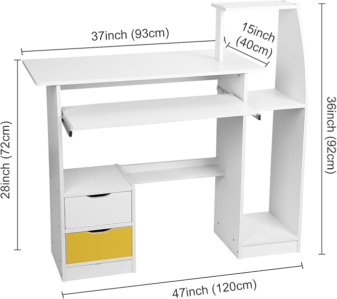 Computer Desk with 3 Hutch Shelves Room Desk for Bedroom Study Table with Keyboard Tray and 2 Drawers Desk for Bedroom Daily Home Office Desks Gaming Desk with Wide Desktop White