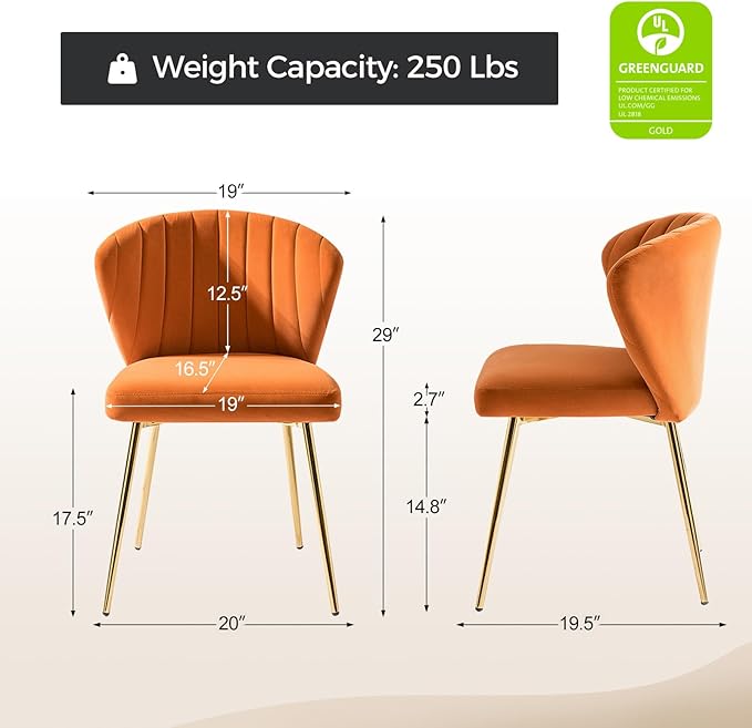 HULALA HOME Velvet Dining Chair Cute Armless Accent Chair Living Room Chair with Golden Legs Mid Century Modern Upholstered Side Chair for Kitchen Vanity Orange