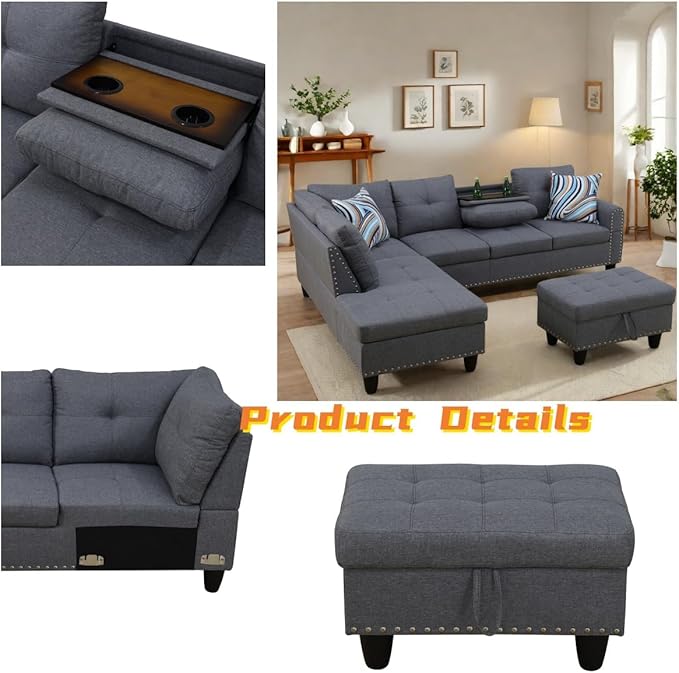 FONTOI L Shaped Sectional Couch with Otttoman 97 Leather Sectional Sofa for Living Room Modular Couches with Cup Holders for Bedroom Apartments Grey