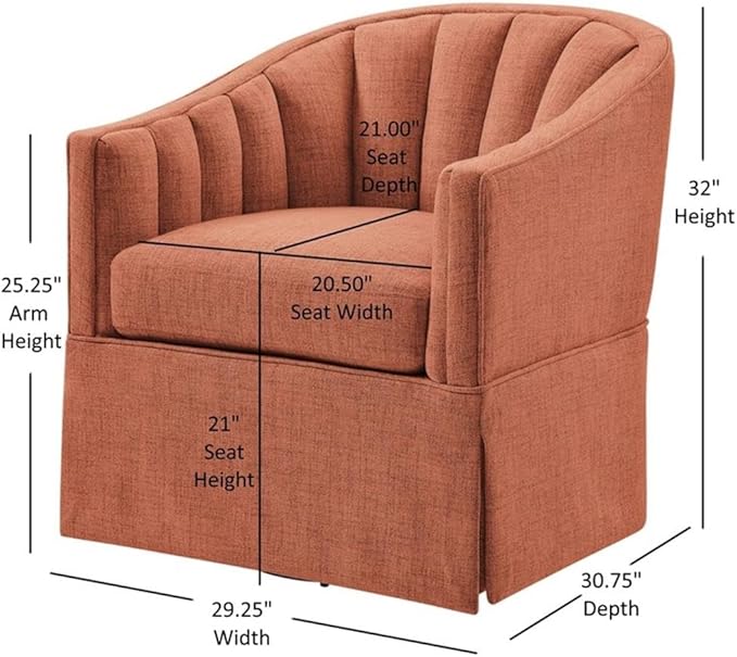 Pemberly Row Coral Polyester Fabric Skirted Swivel Accent Chair Channel-Tufted Back Flared Arms Plush Coil Spring Seat 29.25W x 30.75D x 32H Coastal Style Living Room or Relaxation Space Use