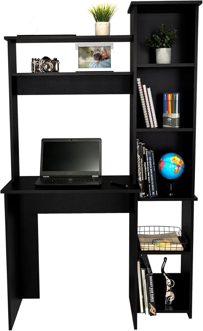 Tuhome Versalles Writing Desk with Two Superior Shelves Five Side Open Storage Compartments Space-Saving Modern Workstation Design for Studios and Offices Ideal for Organization Books