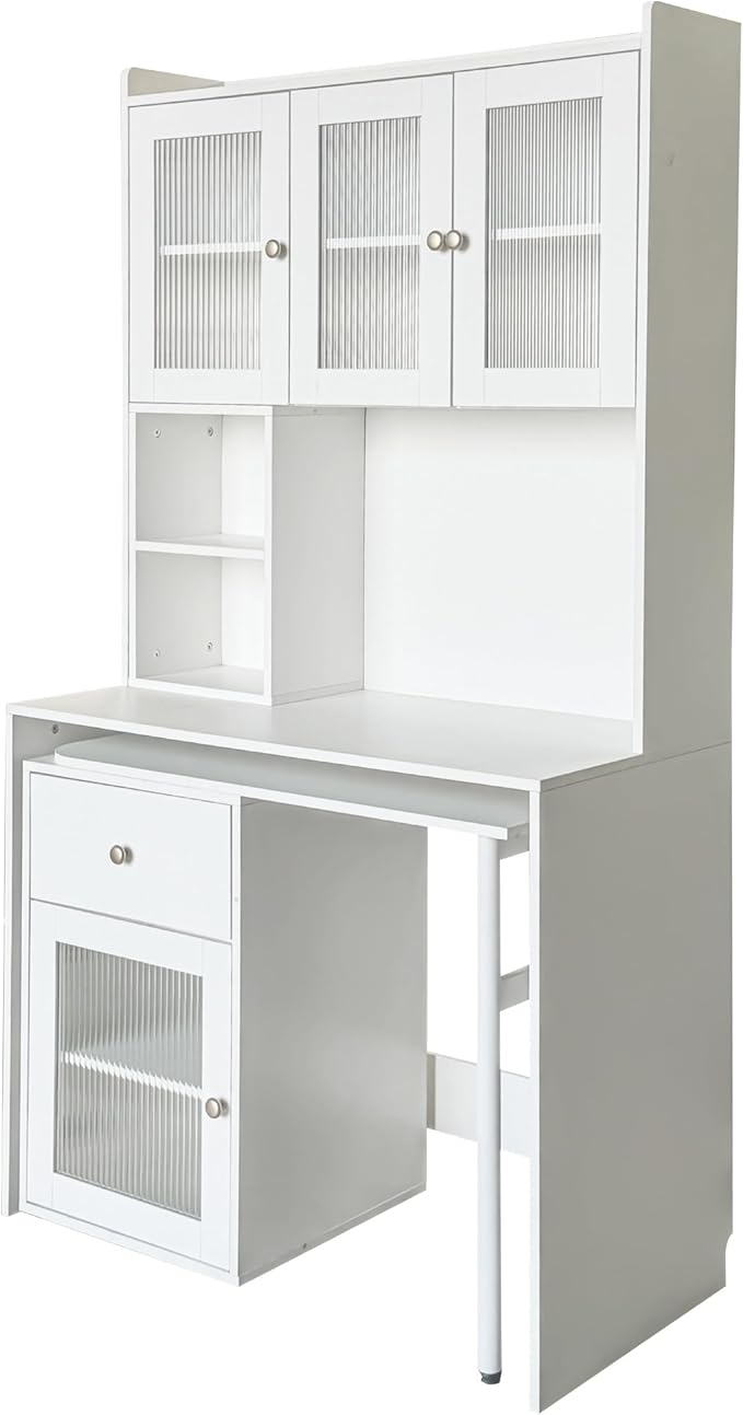 LUMISOL Home Office L Shaped Desk with Hutch &amp Bookshelf Computer Desk with 90 Degree Rotating Desktop Multi-Functional Woking Table with Storage Drawers for Study Room Office Living Room White