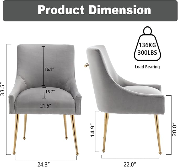 Dining Chairs Set of 6 Modern Velvet Dining Room Chairs with Gold Legs Upholstered Accent Chairs for Living Room/Restaurant/Study Room(Grey)