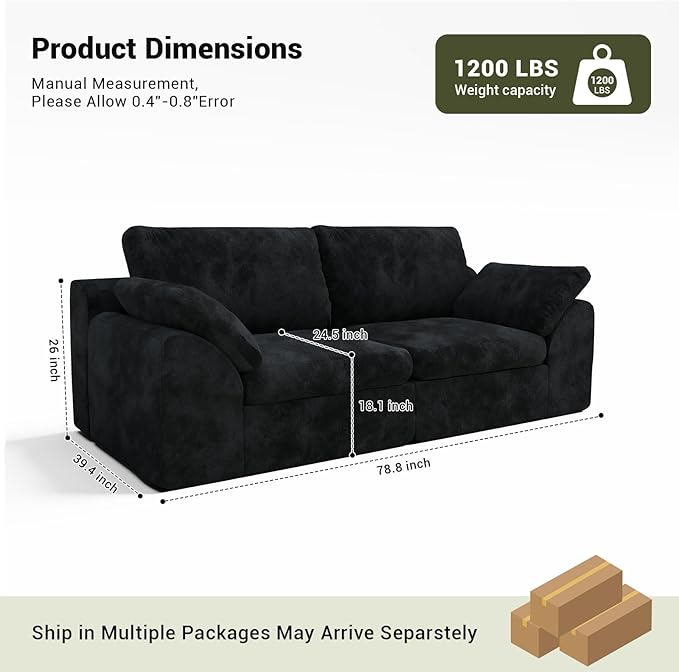 78.8 Cloud Sectional Couch Comfy 2 Seater Boneless Couch No Assembly Required Couches for Living Room Deep Seat Modular Sectional Sofa (Plush Black)