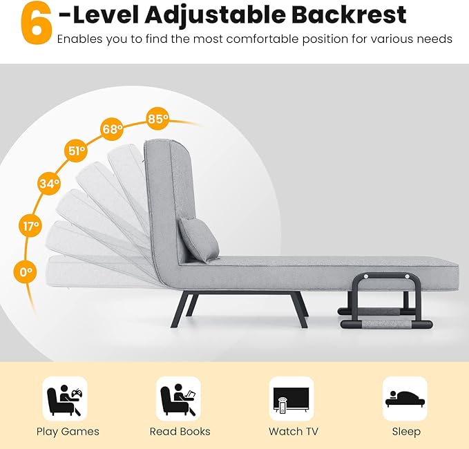 S AFSTAR 4 in 1 Convertible Sofa Bed Sleeper Chair Folding Sofa Arm Chair with Pillow and 6 Position Adjustable Backrest Full Padded Lounger Couch Bed for Home/Office (Light Grey)