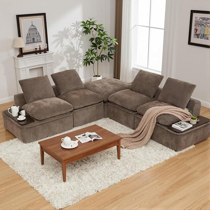 119 Oversized Cloud Modular Chenille Sectional Sofa with 2 Coffee Table Trays 4 Seat Couch Sectional Large Sectional Couches for Living Room Coffee