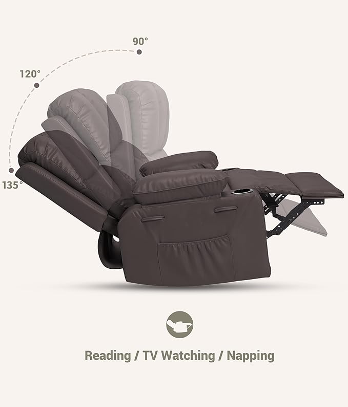 GarveeHome 22 in Rocker Swivel Recliner Chair Lazy Recliner for Adults with 1.5X Sponge Filling Side Pocket and Cup Holder for Living Room Bedroom and Nursery Coffee