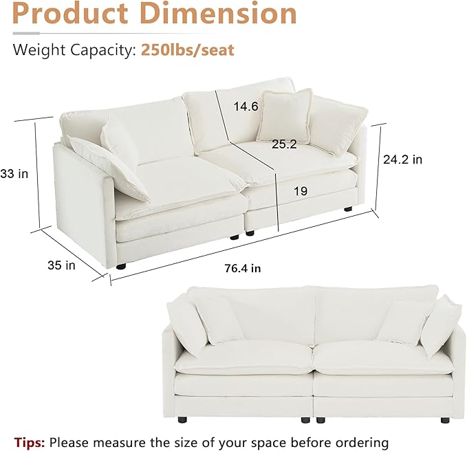 mikibama Luxury 2 Piece Sofa Set 2 Pieces of Loveseat Sofa Modern Chenille Comfy Cloud Couches Set for Living Room Office with 4 Armrest Pillows and 4 Toss Pillows Beige