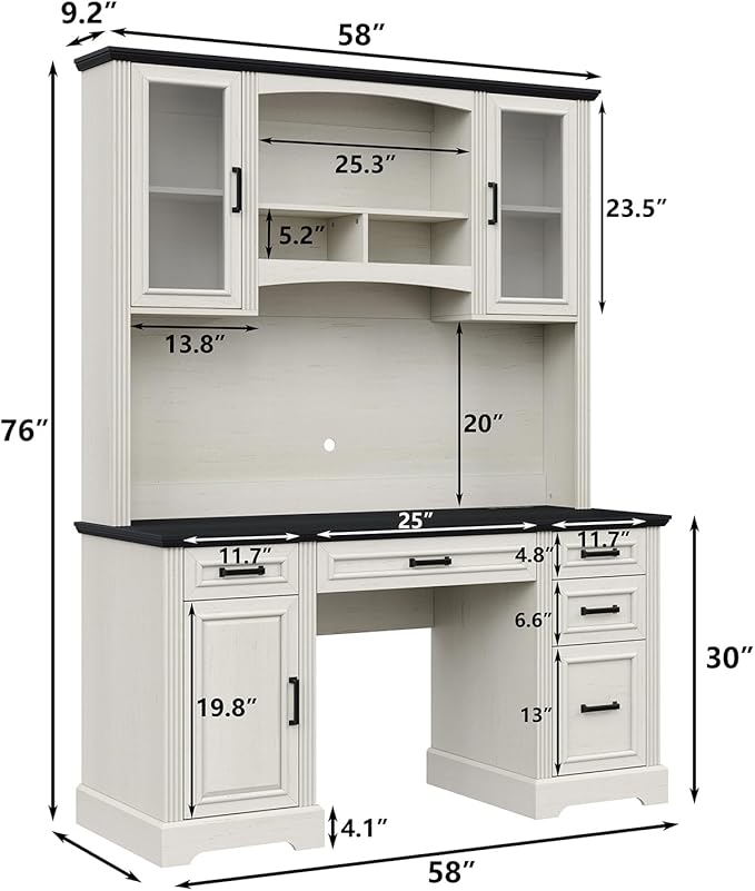 Furniouse Farmhouse 76 Height Executive Desk with Hutch Office Desk with Charging Station Drawers and Storage Cabinet Workstation for Office Home Black Tabletop Off White