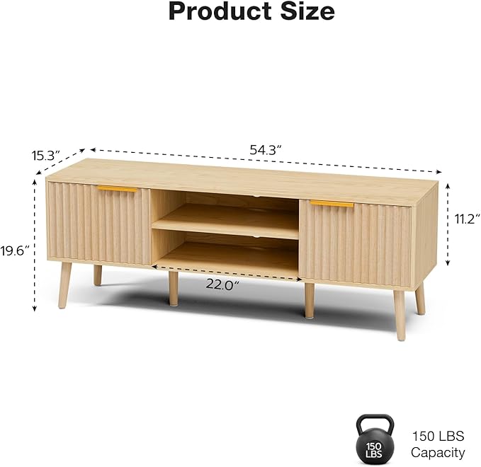 TV Stand for Living Room Boho Entertainment Center for 55/60 inch TVs Media Console with Fluted Door Cabinets and Open Shelves for Bedroom Oak