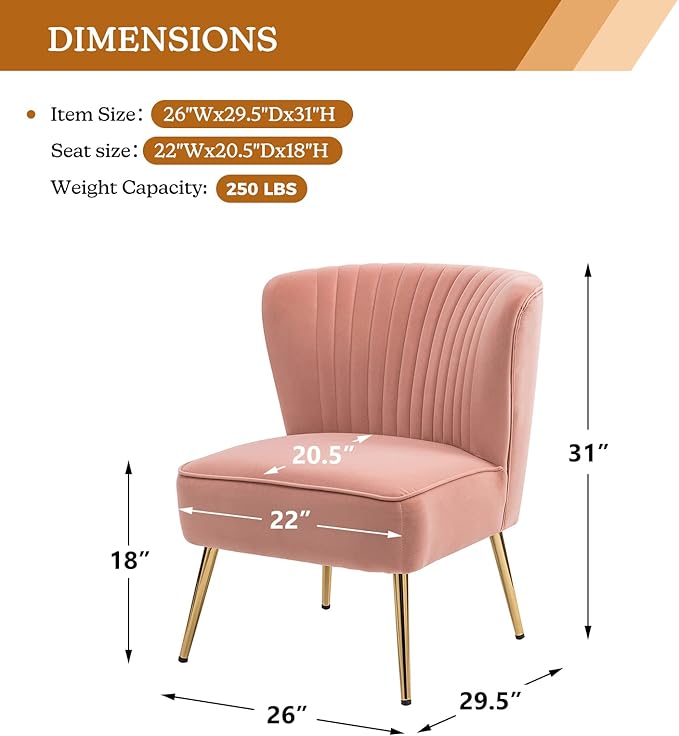 TINA'S HOME Monica Velvet Armless Side Chair Set of 2 Upholstered Accent Chair Comfy Living Room Chair with Golden Legs Wingback Mid Century Slipper Chair for Bedroom Guest Room- Blush Pink